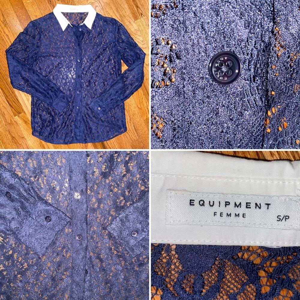 Equipment Femme $169 Navy Lace Contrast Collar Fitted Sheer Blouse Small NWOT